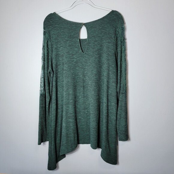 Knox Rose Green Top Plus Size XXL Crochet Lace Long Sleeve Shark Bite Hem Ribbed - Picture 4 of 7